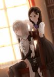  2girls ascot atelier_(series) atelier_escha_&amp;_logy backlighting braiding_hair brown_hair chair closed_eyes dutch_angle grey_hair hair_ornament hairdressing highres indoors jerrysue lace-trimmed_legwear lace_trim linca_(atelier) marion_quinn multiple_girls sitting thighhighs window 