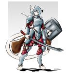  absurd_res anthro armor blue_hair clothed clothing domestic_cat fantasy felid feline felis female hair heterochromia hi_res holding_object holding_weapon humanoid lia_(notsafeforweh) mammal melee_weapon notsafeforweh shield simple_background solo standing sword weapon 