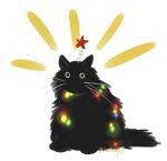  2017 all_fours ambiguous_gender black_body black_eyes black_fur christmas_lights dimedog domestic_cat felid feline felis feral fluffy fur head_accessory looking_at_viewer mammal simple_background solo star whiskers white_background yellow_sclera 