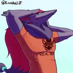  1:1 anthro clothing exoskellet hair hands_behind_head hi_res long_hair looking_at_viewer male neck_tuft nintendo pok&eacute;mon pok&eacute;mon_(species) raised_arm shirt solo solo_focus text text_on_clothing text_on_shirt text_on_topwear tight_clothing topwear tuft video_games zoroark 