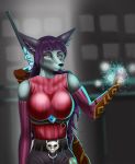  absurd_res anthro armor balmorablue belt belt_buckle big_breasts blue_body blue_gem bottomwear bracers breasts canid canine canis clothing crystal female grey_background grey_bottomwear grey_clothing hair hi_res inner_ear_fluff long_hair looking_at_viewer magic magic_user maicha_(briefgarde) mammal melee_weapon purple_hair red_clothing red_shirt red_topwear shirt simple_background skull_head slim smile solo spell sword tank_top tight_clothing topwear tuft weapon wolf yellow_eyes 