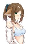  1girl animal_ears arknights blue_bra blush bow bra breasts brown_hair cardigan cleavage collarbone eyebrows_visible_through_hair fox_ears frilled_bra frills green_eyes hair_bow highres kusunoki_(gwzx5574) looking_at_viewer medium_breasts navel open_cardigan open_clothes open_mouth perfumer_(arknights) ponytail simple_background solo sweater tied_hair underwear undressing upper_body white_background white_sweater 