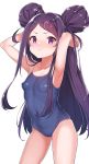  1girl :t armpits arms_up blue_swimsuit blush breasts closed_mouth collarbone competition_school_swimsuit double_bun forehead hair_ornament heart heart_hair_ornament highres konnyaku_(kk-monmon) long_hair looking_at_viewer nose_blush ochikobore_fruit_tart one-piece_swimsuit pout purple_eyes purple_hair school_swimsuit sekino_roko sidelocks simple_background small_breasts solo standing swimsuit very_long_hair white_background 