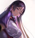  1girl bangs blurry blush bodysuit breasts breasts_day commentary_request fate/grand_order fate_(series) gradient gradient_background large_breasts lips long_hair looking_at_viewer minamoto_no_raikou_(fate/grand_order) parted_bangs parted_lips puffy_sleeves purple_bodysuit purple_eyes purple_hair sakamuke shiny shiny_clothes shiny_hair simple_background skin_tight smile solo upper_body 