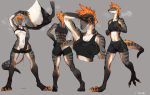  2020 anthro bebebebebe bodily_fluids bottomwear breasts butt claws clothing female genital_fluids genitals grey_background hair hi_res lizard multiple_poses navel nipples orange_hair pose pussy pussy_juice reptile scalie shorts simple_background solo sweat 