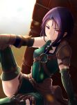  1girl armor asymmetrical_hair boobplate choker fire_emblem fire_emblem:_three_houses green_jacket highres jacket looking_at_viewer purple_eyes purple_hair shamir_nevrand shoulder_armor sitting user_aywm4778 