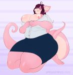  anthro areola areola_slip big_breasts bottomwear breasts clothed clothing dragon female hi_res huge_breasts overweight overweight_female pink_body skirt slightly_chubby solo spottedtigress thick_thighs 