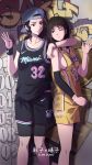  2girls akagi_haruko ayako_(slam_dunk) backwards_hat bangs baseball_cap basketball_jersey basketball_uniform black_eyes black_hair bracelet breasts brown_eyes brown_hair character_name collarbone commentary curly_hair elbow_sleeve english_text graffiti hat highres jewelry laofuzi_dai_bansho long_hair los_angeles_lakers miami_heat multiple_girls national_basketball_association one_eye_closed ponytail short_sleeves shorts sideboob sidelocks slam_dunk sleeveless small_breasts sportswear wristband 