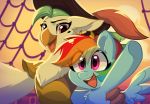  anthro avian beauty_mark bird blue_body captain_celaeno_(mlp) clothing duo equid equine eyebrows feathered_wings feathers female feral friendship_is_magic green_hair hair hat headgear headwear hi_res horse mammal multicolored_hair my_little_pony my_little_pony:_the_movie_(2017) oofycolorful open_mouth open_smile parrot pegasus pirate pony rainbow_dash_(mlp) rainbow_hair smile sunset tongue tuft wings 