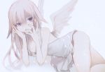  1girl angel angel_wings bare_arms bare_shoulders blurry blurry_background breasts cleavage closed_mouth depth_of_field dress fingernails grey_hair hands_on_own_cheeks hands_on_own_face long_hair looking_at_viewer migihidari_(puwako) original pink_hair purple_eyes simple_background smile solo white_background white_dress wings 