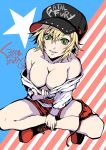  1girl absurdres alice_garnet_nakata bangs bare_shoulders baseball_cap blonde_hair blue_eyes blush breasts cleavage collarbone eyebrows_visible_through_hair fatal_fury fatal_fury_cap hair_between_eyes hat highres kurogane_naoto_(churushiko) large_breasts looking_at_viewer loose_clothes loose_shirt oversized_clothes oversized_shirt shirt smile snk solo the_king_of_fighters the_king_of_fighters_xiv 