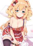  1girl absurdres akai_haato alternate_costume bed blonde_hair blue_eyes blush breasts cleavage collarbone commentary_request hana_mori highres hololive large_breasts long_hair looking_at_viewer panties panty_pull pillow simple_background thighhighs underwear virtual_youtuber white_background 