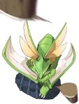  blurry claws commentary_request crossed_arms cut_(pokemon) from_above gen_1_pokemon highres insect_wings log looking_up motion_blur no_humans pokemon pokemon_(creature) scyther sliced solo standing white_background wings yuyu_ekaki_dayo 