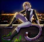  anthro ariveil blonde_hair brown_body brown_fur claws clothed clothing detailed_background ear_piercing english_text fangs felid fluffy fluffy_tail fur hair hi_res machairodontine male mammal multicolored_body multicolored_fur open_mouth open_smile piercing sitting smile solo teeth text two_tone_body two_tone_fur 