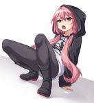  1girl angry black_footwear boots commentary_request english_text eyebrows_visible_through_hair hair_between_eyes highres hood hood_up hoodie krul_tepes kyuutou_(kyuutouryuu) long_hair looking_at_viewer open_mouth owari_no_seraph pink_hair red_eyes solo twintails wet wet_hair white_background 