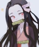  1girl bit_gag black_hair blurry blurry_foreground bow checkered_obi depth_of_field gag hair_bow haori highres japanese_clothes kamado_nezuko kimetsu_no_yaiba kimono long_hair looking_at_viewer migihidari_(puwako) obi pink_bow pink_eyes pink_kimono red_eyes red_pupils sash solo upper_body 