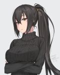 1girl alternate_costume alternate_hairstyle artist_name black_hair black_sweater breasts brown_eyes crossed_arms dated grey_background kantai_collection large_breasts long_hair nagato_(kantai_collection) ponytail ribbed_sweater rokuwata_tomoe signature simple_background solo sweater turtleneck turtleneck_sweater twitter_username upper_body 