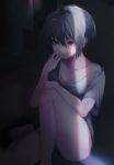  1girl bare_legs barefoot biting breasts cleavage dark eyes_visible_through_headwear finger_biting fingernails grey_eyes grey_hair hand_up highres knee_up looking_at_viewer migihidari_(puwako) nail_polish off_shoulder original pink_nails short_hair single_bare_shoulder sitting solo 