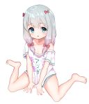  1girl absurdres barefoot blue_eyes bow clothes_writing covering covering_crotch eromanga_sensei feet hair_bow highres izumi_sagiri legs long_hair monmo_mu no_pants off_shoulder open_mouth ribbon shirt shirt_tug short_sleeves silver_hair simple_background sitting solo spread_legs t-shirt thighs toes white_background white_shirt 