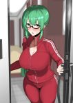  .live 1girl bangs black-framed_eyewear blurry blurry_background breasts cleavage curvy doorway eyebrows_visible_through_hair glasses green_eyes green_hair hair_ribbon highres idol jacket jersey kagura_suzu_(.live) large_breasts long_hair opening_door osakeberobero ribbon semi-rimless_eyewear sidelocks track_jacket track_suit under-rim_eyewear virtual_youtuber 