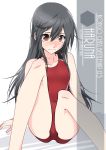  1girl alternate_breast_size artist_name black_hair brown_eyes character_name commentary_request competition_swimsuit flat_chest full_body haruna_(kantai_collection) highres inaba_shiki kantai_collection long_hair looking_at_viewer one-piece_swimsuit red_swimsuit simple_background solo swimsuit white_background 
