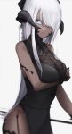  1girl au_ra black_dress black_nails blurry closed_mouth cowboy_shot dark_skin depth_of_field dress final_fantasy final_fantasy_xiv fingernails hair_over_one_eye highres horns long_hair looking_at_viewer migihidari_(puwako) nail_polish one_eye_covered purple_eyes scales simple_background smile solo standing very_long_hair white_background white_hair 