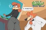  black_tie_(suit) bottomwear butt canid canine clothed clothing cute_expression dialogue duo english_text female flirting fox hair haplorhine hi_res humongous_entertainment male male/female mammal monkey monkey_penny pants primate red_hair ricksteubens spy_fox spy_fox_(series) suit text video_games 