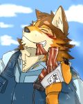  4:5 absurd_res anthro barrel_(live-a-hero) beef_jerky_(food) blush canid canine canis clothing eating grin hi_res inuyama_kensin live-a-hero male mammal police_uniform smile solo uniform wolf 