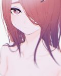  1girl blurry blurry_foreground closed_mouth collarbone depth_of_field hair_ornament hairclip long_hair looking_at_viewer migihidari_(puwako) nude original portrait red_eyes red_hair simple_background solo white_background 