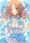  1girl armband bare_shoulders blue_dress blue_flower blush breasts brown_eyes brown_hair cleavage dress eyebrows_visible_through_hair flower hair_bun hair_ribbon highres ichikawa_hinana idolmaster idolmaster_shiny_colors large_breasts looking_at_viewer medium_hair namamake open_mouth ribbon solo standing upper_body 