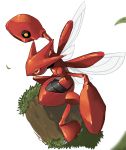  brown_eyes commentary dirt from_above gen_2_pokemon grass highres horns insect_wings leaves_in_wind legs_apart no_humans outstretched_arms pincers pokemon pokemon_(creature) scizor shiny solo standing wings yuyu_ekaki_dayo 