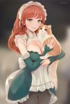  1girl animal apron artist_name bangs breasts cat chowbie cleavage eyebrows_visible_through_hair green_eyes highres holding holding_animal holding_cat large_breasts looking_at_viewer maid_apron maid_headdress medium_hair open_mouth original pantyhose red_hair sidelocks traditional_media 