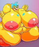  anthro avian belly big_belly big_breasts bird breasts eyewear feathers female genitals glasses hi_res huge_breasts overweight overweight_female peach_pussy plump_labia pussy solo vdisco yellow_body yellow_feathers 