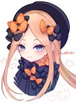  1girl abigail_williams_(fate/grand_order) absurdres bangs black_bow black_dress black_headwear blonde_hair blue_eyes blush bow breasts dress fate/grand_order fate_(series) forehead hair_bow hat highres huge_filesize long_hair looking_at_viewer multiple_bows orange_bow parted_bangs polka_dot polka_dot_bow ribbed_dress signature simple_background sleeves_past_fingers sleeves_past_wrists small_breasts smile white_background yukinuno_jelly 