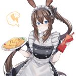  1girl a_iri_a alternate_costume amiya_(arknights) animal_ears apron arknights bangs bell black_dress blue_eyes blush brown_hair bunny_ears dress food frilled_apron frilled_dress frills hair_between_eyes hair_ribbon highres holding holding_plate ketchup ketchup_bottle long_hair maid_headdress omelet omurice plate ponytail ribbon short_sleeves sidelocks simple_background smile solo white_apron white_background 