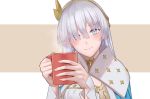  1girl anastasia_(fate) bangs blue_cape blue_eyes blush breasts cape closed_mouth cup dress fate/grand_order fate_(series) hair_over_one_eye hairband jewelry large_breasts long_hair looking_at_viewer mug neck_ring silver_hair smile tsuchifumazu white_dress 