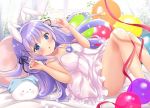  1girl :o angora_rabbit animal animal_ears balloon bangs bare_arms bare_shoulders bed_sheet black_ribbon blue_eyes blush bunny bunny_ears commentary_request curtains dress eyebrows_visible_through_hair fake_animal_ears gochuumon_wa_usagi_desu_ka? hair_between_eyes hair_ornament hair_ribbon hairband hands_up indoors kafuu_chino knees_up long_hair looking_at_viewer lying nail_polish on_back parted_lips pillow purple_hair red_nails ribbon rikatan sleeveless sleeveless_dress strap_slip tippy_(gochiusa) very_long_hair white_dress white_hairband window x_hair_ornament 