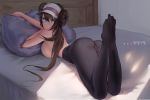  1girl absurdres ass azto_dio back bangs black_legwear blue_eyes blush breasts brown_hair closed_mouth double_bun feet_up highres large_breasts legs long_hair looking_at_viewer looking_back lying on_bed on_stomach pantyhose pillow pokemon pokemon_(game) pokemon_bw rosa_(pokemon) smile topless twintails visor_cap 