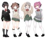  4girls :d bangs black_footwear black_hair black_ribbon blue_eyes blush bow bowtie brown_hair candy cardigan closed_mouth commentary_request eating eyebrows_visible_through_hair food food_in_mouth full_body green_eyes green_skirt hachijou_(kantai_collection) hair_ornament hair_ribbon highres inorin05kanae ishigaki_(kantai_collection) kantai_collection kneehighs kunashiri_(kantai_collection) loafers lollipop long_sleeves looking_at_viewer multiple_girls open_mouth pantyhose pleated_skirt purple_eyes red_bow red_neckwear ribbon school_uniform shimushu_(kantai_collection) shirt shoes short_hair skirt sleeves_past_wrists smile standing sweater_vest two_side_up white_background white_legwear white_shirt 