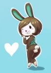  1girl aardcase animal_crossing animal_ears ass bangs bare_shoulders barefoot black_eyes blank_eyes blue_background blush blush_stickers bottomless brown_hair bunny_ears bunny_tail carmen_(animal_crossing) commentary english_commentary from_behind full_body furry green_shirt grin hand_up happy heart knees_together_feet_apart looking_at_viewer looking_back no_humans no_pussy one_eye_closed outline pawpads paws plaid plaid_shirt shiny shiny_hair shiny_skin shirt short_hair simple_background sleeveless sleeveless_shirt smile solo standing swept_bangs tail teeth white_outline 