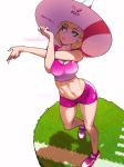  1girl aurahack bike_shorts blonde_hair blue_eyes breasts cleavage commentary english_commentary eyebrows_visible_through_hair eyeliner eyeshadow from_above full_body grass hat highres large_breasts lips makeup midriff navel original pink_footwear pink_shorts pink_sports_bra pink_theme shoes short_hair shorts sneakers solo sports_bra stretch symbol-shaped_pupils toned twitter_username witch_hat 