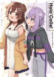  2girls :d ahoge animal_ear_fluff animal_ears bangs black_hoodie blush bone_hair_ornament breasts brown_eyes brown_hair cartoon_bone cat_ears cat_girl cat_tail commentary_request cover cover_page crop_top dog_ears drawstring dress extra_ears eyebrows_behind_hair eyebrows_visible_through_hair hair_between_eyes hair_ornament highres holding_hands hololive hood hood_down hoodie inugami_korone jacket long_sleeves medium_breasts midriff multiple_girls nekomata_okayu off_shoulder open_clothes open_jacket open_mouth puffy_long_sleeves puffy_sleeves purple_eyes purple_hair seramikku simple_background sleeveless sleeveless_dress smile tail translation_request virtual_youtuber white_background white_dress yellow_jacket 