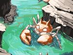  commentary_request crab day from_above gen_1_pokemon kingler no_humans outdoors partially_submerged pokemon pokemon_(creature) rock sideways_glance signature solo walking water watermark yuyu_ekaki_dayo 