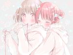  2girls bangs blush closed_eyes eyebrows_visible_through_hair hair_bun hair_ornament hairclip hood hooded_jacket hug hug_from_behind jacket kasuga_sunao lace_trim light_brown_hair mouth_hold multiple_girls original pink_jacket red_eyes red_hair red_ribbon ribbon twintails upper_body 