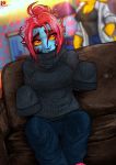  absurd_res alphys anthro big_breasts blue_body blue_skin bluewolfartista breasts clothing female female/female fish hi_res humanoid marine red_eyes solo sweater topwear undertale undyne video_games 