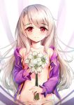  1girl asymmetrical_bangs bangs bare_shoulders blonde_hair blush breasts closed_mouth collarbone commentary_request dot_nose eyebrows_visible_through_hair fate/kaleid_liner_prisma_illya fate_(series) flower groin holding holding_flower illyasviel_von_einzbern jacket long_hair long_sleeves looking_at_viewer nipples off_shoulder open_clothes open_jacket panties pink_jacket red_eyes small_breasts smile solo striped underwear upper_body white_flower white_panties yan_(nicknikg) 