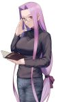  1girl bangs black_sweater blue_pants blush book breasts denim fate/stay_night fate_(series) forehead glasses highres holding holding_book jeans large_breasts long_hair long_sleeves looking_at_viewer low-tied_long_hair pants parted_bangs purple_eyes purple_hair rider sidelocks simple_background smile sweater tsuchifumazu turtleneck turtleneck_sweater very_long_hair white_background 