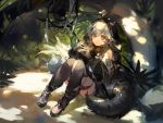 arknights boots ciloranko forest gloves gray_hair hoodie long_hair orange_eyes pointed_ears staff tail thighhighs tomimi_(arknights) tree 