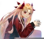  1girl bangs blonde_hair blush bow breasts contemporary cup ereshkigal_(fate/grand_order) fate/grand_order fate_(series) hair_bow highres hood hooded_jacket jacket leaning_forward long_hair long_sleeves looking_at_viewer medium_breasts mug parted_bangs parted_lips red_jacket trapiorra two_side_up 