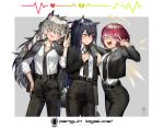 3girls a0lp animal_ears arknights black_nails black_suit blue_hair blush broken_heart exusiai_(arknights) formal halo heart highres lappland_(arknights) multiple_girls musical_note penguin_logistics_(arknights) red_hair suit tail texas_(arknights) tied_hair v waveform white_hair wolf_ears wolf_tail 